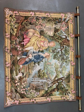 Large French Wall Hanging Tapestry on Brass Rod