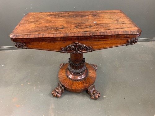 Antique Victorian Folding Pedestal Games Table with Bear Paw Feet on Castors