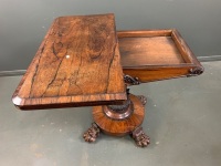 Antique Victorian Folding Pedestal Games Table with Bear Paw Feet on Castors - 4