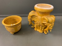 Vintage 3 Headed Yellow Stoneware Elephant Planter Stand + Bowl