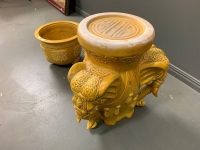 Vintage 3 Headed Yellow Stoneware Elephant Planter Stand + Bowl - 3