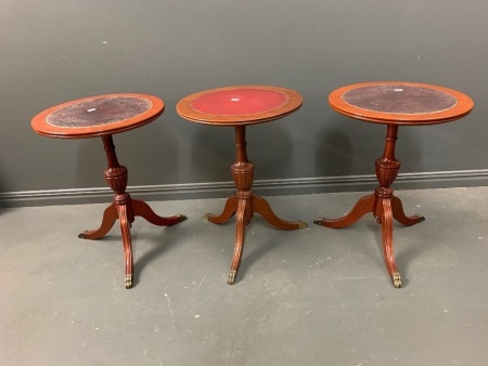 3 Small Vintage Wine Tables with Leather Inlays and Brass Feet