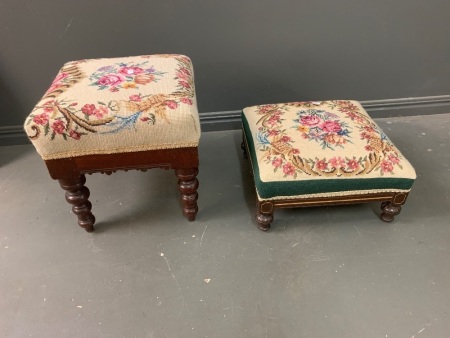 2 Antique Tapestry Covered Foot Stools