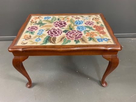 Vintage Side Table with Tapestry Under Glass Top