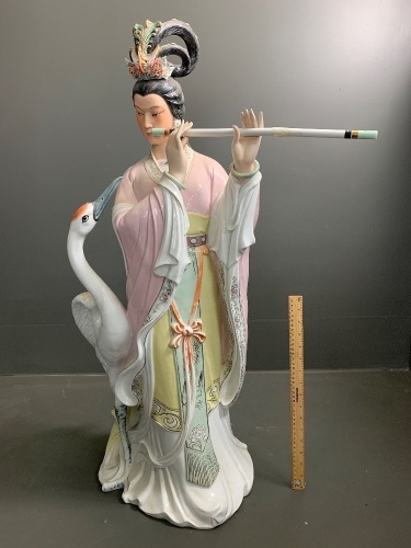 XL Vintage Glazed Ceramic Chinese Lady Playing Flute