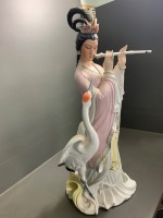 XL Vintage Glazed Ceramic Chinese Lady Playing Flute - 3