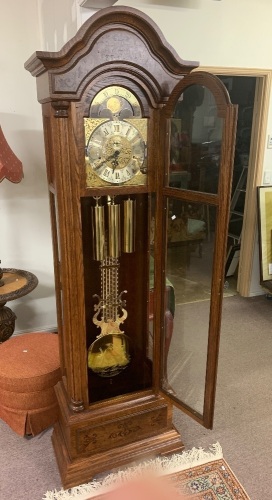 Vintage German Made Oak Cased Grandfather Clock with Key