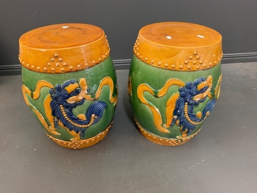 Pair of Vintage Chinese Glazed Stoneware Drum Stools with Dragon Scenes