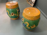 Pair of Vintage Chinese Glazed Stoneware Drum Stools with Dragon Scenes - 2