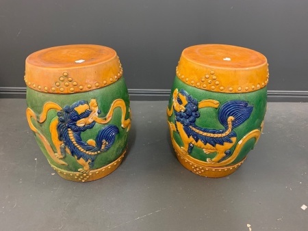 Pair of Vintage Chinese Glazed Stoneware Drum Stools with Dragon Scenes