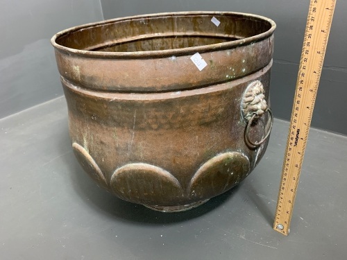 X Large Brass Planter with Lion Head Motifs