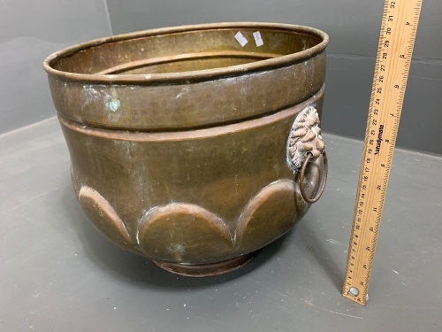 Large Vintage Brass Planter with Lion Head Motifs