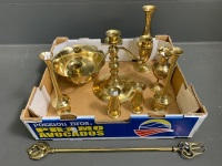 Various Brass Pieces inc. candlesticks, fork, bowl, vases etc