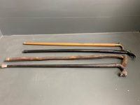 4 Walking Sticks inc. Carved Rosewood Dragon Head & Brass Top with Test Tube Inside - 2