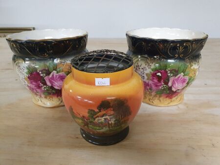 2 Vintage Glazed Jardineres + Rose Bowl