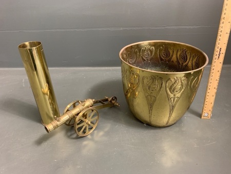 Vintage Brass Items Inc. Planter, Small Cannon and Shell Casing (dated 1915)