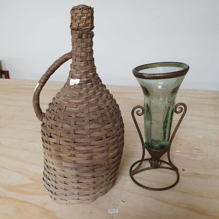 Vintage Wicker Covered Glass Bottle + Glass and Wrought Iron Vase with Metal Rimapp. 420mm tall