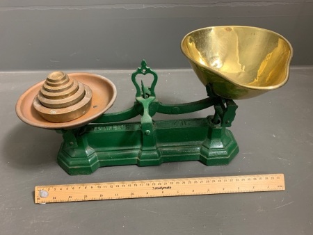 Vintage Iron Balance Scales with Brass Tray and Weights