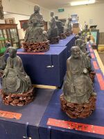 Rare Set of 18 Vintage Large Boxed Bronze Lohan Buddha Statues