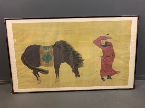 XL Court Official Pausing To Survey The Area, Whilst Leading His Horse on a Windy Day - Painted on Silk - Exact Copy of The Original by Chao Meng Fu - Rosewood Frame 