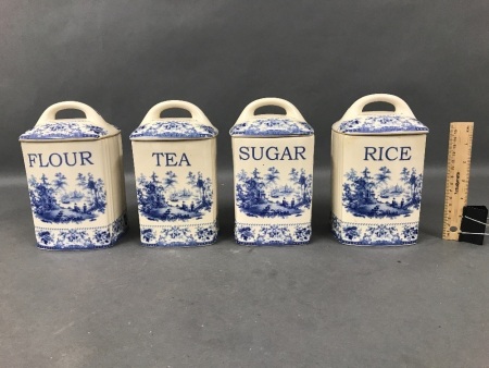 4 Blue & White Kitchen Cannisters