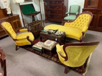 Vintage Hand Carved Red Cedar Framed Chaise + 2 Upholstered Armchairs