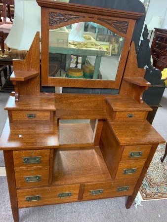 Antique Edwardian Oak Dresser with Original Brass Fittings and Swinging Mirror