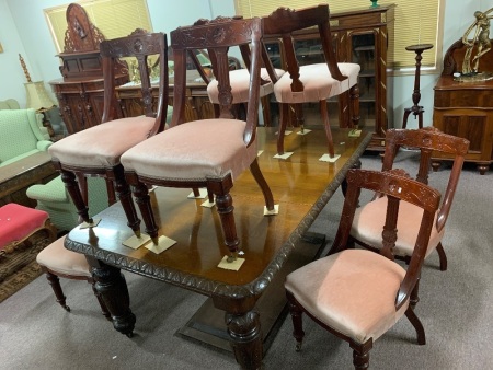 Set 8 Vintage Hand Carved Red Cedar Upholstered Dining Chairs with Brass Casters to Front Legs