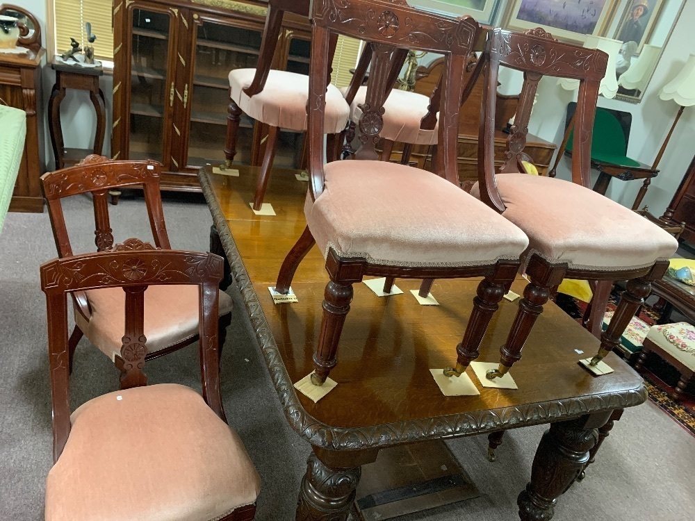 Set 8 Vintage Hand Carved Red Cedar Upholstered Dining Chairs with Brass Casters to Front Legs