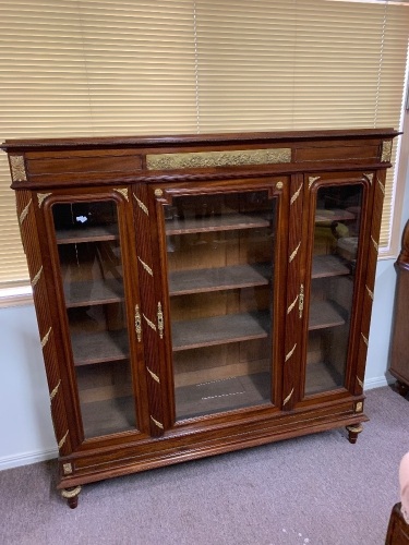 Antique French Mahogany 3 Door Glazed Display Case with Brass Mounts - No Keys