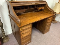 Antique Oak 8 Drawer Rolltop Desk with Fitted Interior - No Key - 2