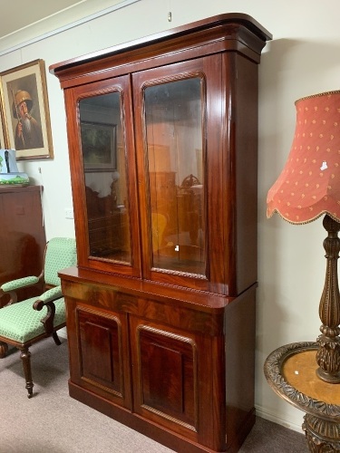 Tall Antique Mahogany Library Bookcase with Top Glazed Doors and Adjustable Shelves