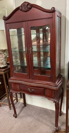 Vintage Red Cedar Glazed Top Display Cabinet with Single Drawer on Cabriole Legs and Key