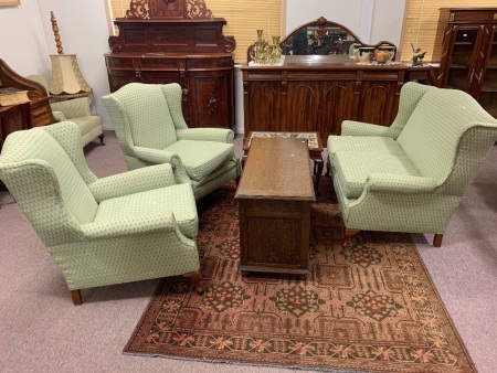 Vintage Upholstered 3 Piece Wingback Suite on Carved Timber Legs