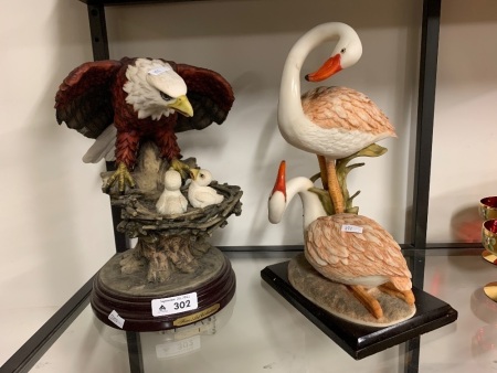 2 x Bird Staues on Timber Bases - Bald Eagle and Chicks + Flamingos