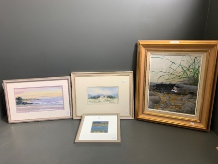 4 Framed Original Paintings - Sun Coast by John Easton - Temora Cottage by Margaret Wright - On Stradbroke Island by Janette Morris - Common Dunnart by Barry Ingham