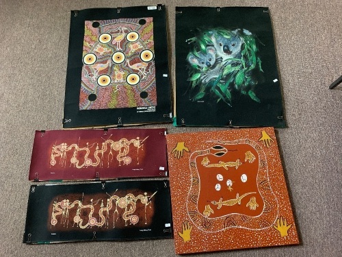 5 Aboriginal Artworks on Canvas - 1 Framed & Signed Ray Prior