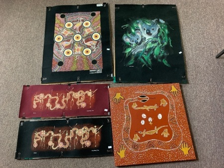 5 Aboriginal Artworks on Canvas - 1 Framed & Signed Ray Prior