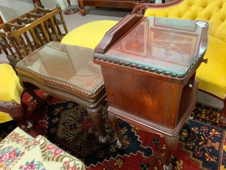 Vintage Red Cedar Bedside Table with Rope Carved Edge & Brushing Slide + Matching Low Side Table