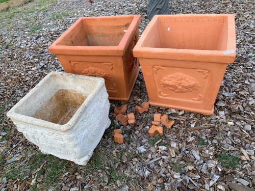 Pair of Large Square Terracotta Pots with Feet + Large Square Concrete Planter