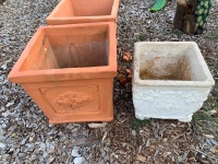 Pair of Large Square Terracotta Pots with Feet + Large Square Concrete Planter - 2