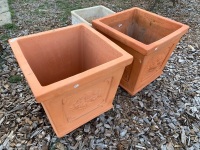 Pair of Large Square Terracotta Pots with Feet + Large Square Concrete Planter - 3