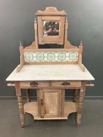 Antique Marble Topped 2 Drawer Washstand with Original Tiled Splashback