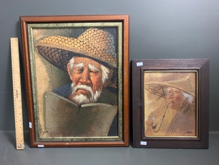 2 Framed Original Paintings on Leaves of Elderly Asian Gentlemen