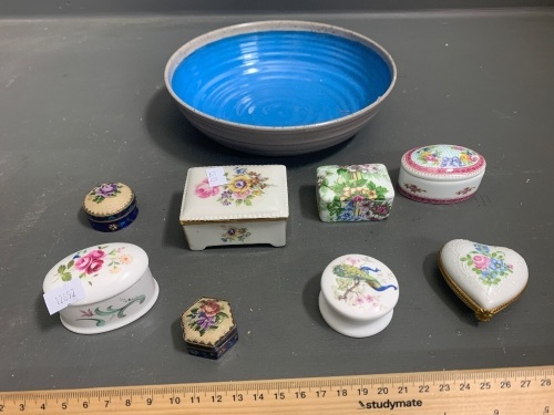 Asstd Lot of 7 Mainly European Ceramic Pill Boxes + 2 Similar Cloisonne