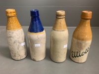 4 Antique Stone Bottles - Kelly & Co Dandelion Ale, Harrison Ginger Beer, Elliots Ginger Beer, Frankston Springs Ginger Beer - Some Repairs/Cracks Etc - 2