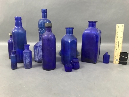 Box Lot of Blue Glass Bottles