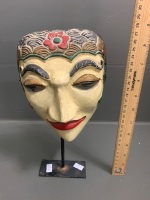 Antique Idonesian Wayang Topeng Carved Timber Dance Mask on Later Stand c1920's