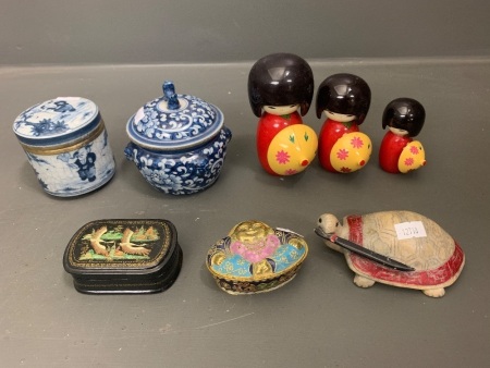 Asstd Lot inc. B/W Pots, Trinket Boxes, Japanese Dolls & Turtle