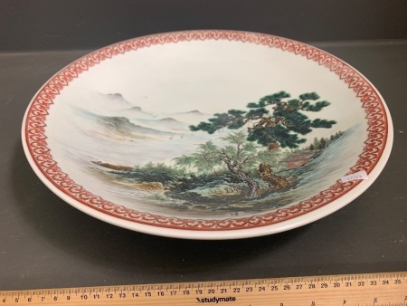 Large Vintage Hand Painted Chinese Bowl/Charger - Signed on Front - Stamped Mark to Base